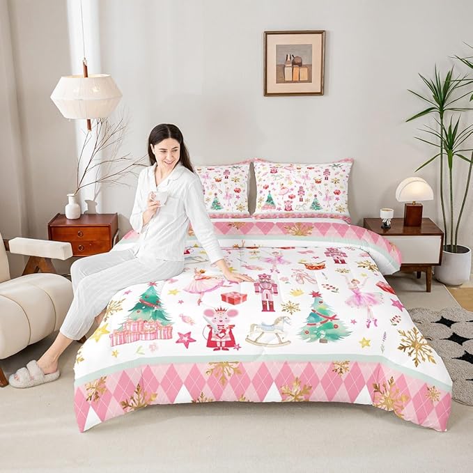 Feelyou Pink Christmas Kids Comforter Set Toddler Size Ballet Nutcracker Bedding Set Snowflake Duvet Quilt for Kids Boys Girls Bedroom Decor Microfiber Ultra Soft Breathable