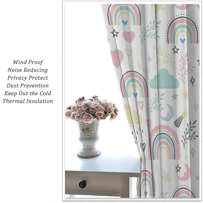 Boho Rainbow Curtains for Kids Nursery Colorful Floral Sun Star Clouds Pastel Bohemian Pattern Print Window Drapes for Girl Bedroom Living Room Kitchen Decor,2 Panel Set,72Wx63H Inch Blackout