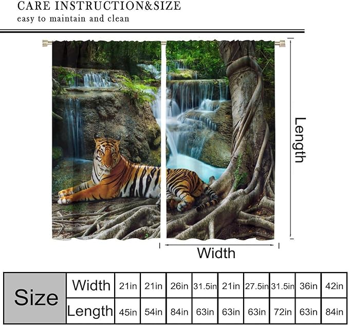 Waterfall Landscape Blackout Curtains, Spring Forest Animal Tiger Tree Waterfall Nature Window Drapes, for Bedroom Living Room 42" W X 54" L
