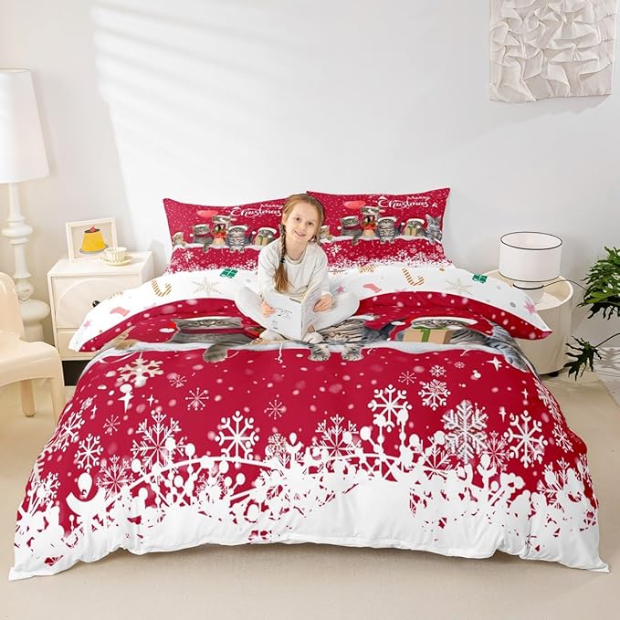 Merry Christmas Cat Bedding Set Xmas Snowflake Pet Cats Duvet Cover For Kids Children Teens Cute Kitten Comforter Cover 3D Animal Red White Bedspread Cover Bedroom Decor Quilt Cover 3Pcs King Size