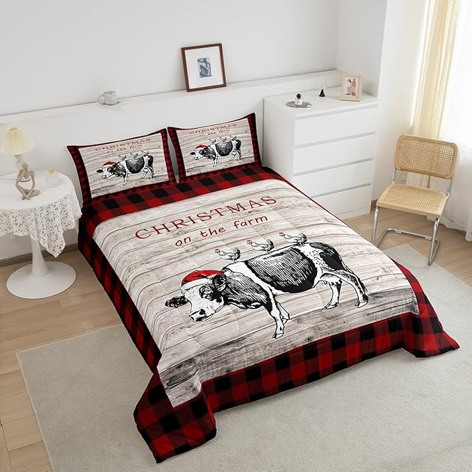 Christmas Farm Comforter Set for Kids,Cartoon Cow Chicken Bedding Set Teens Boys Room Decor,Vintage Wooden Plank Red Grids Comforter with 1 Pillowcase for All Seasons,Twin