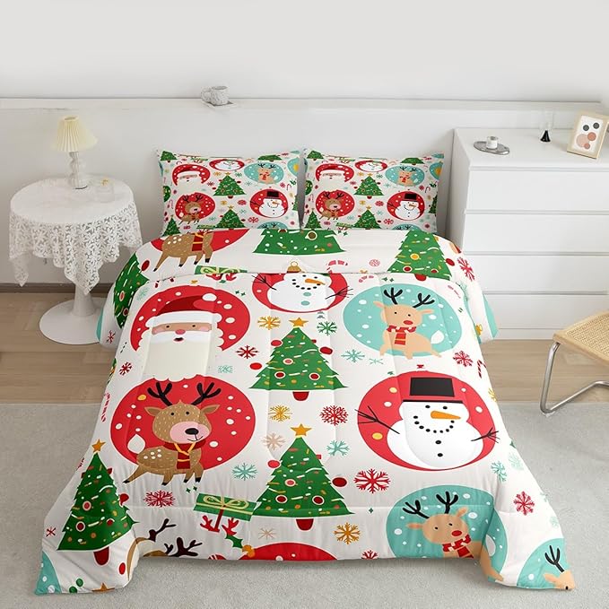 Feelyou Christmas Bedding Set Soft for Boys Girls, Santa Snowman Comforter Set Toddler Size Deer Xmas Tree Duvet Quilt Microfiber Snowflake Bedroom Decor 2 Pcs with 1 Pillow Cases