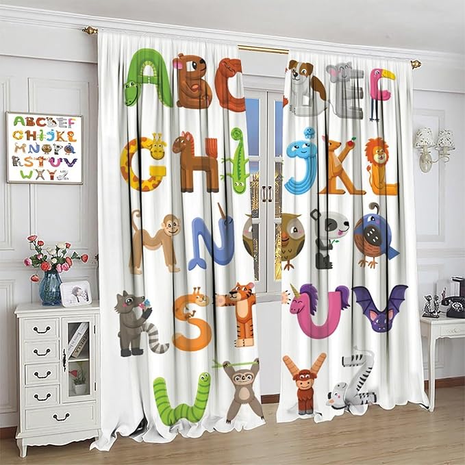 Kids Alphabet Curtains Cartoon Animal Baby Children Funny Learning Educational Curtain with Rod Pocket for Bedroom Nursery Decor Drapes Window Treatments 2 Panels Set 84x84in