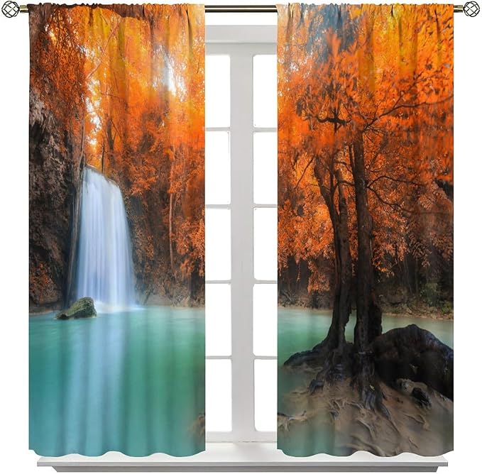 Forest Waterfall Blackout Curtains, Fall Leaves Trees Jungle Autumn Stream Country Nature Landscape Scenery Window Drapes, for Bedroom Living Room 42" W X 54" L