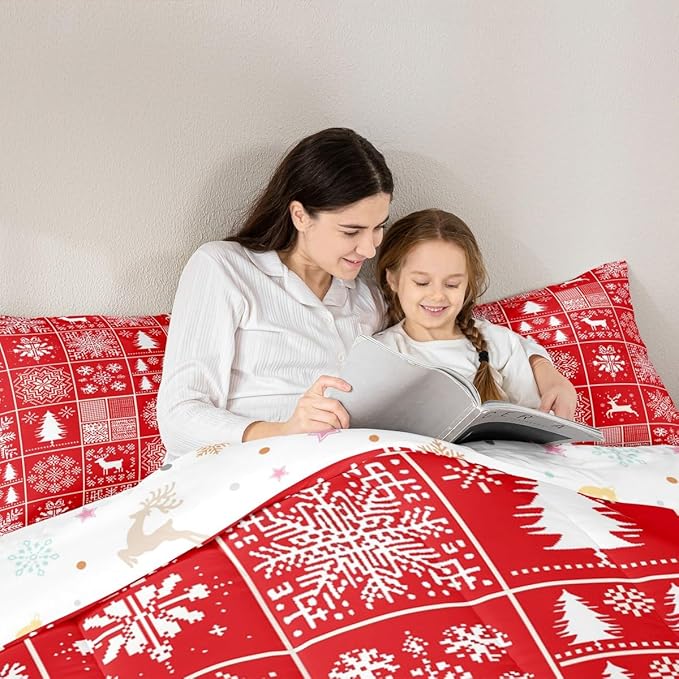 Kids Merry Christmas Comforter Set Queen Size,Deer Snowflake Pines Silhouette Bedding,Girls Boys Adults Bedroom/Xmas Cabin Decor,Geometric Lattice Down Comforter,Red Bright Duvet Insert,2 Pillowcases