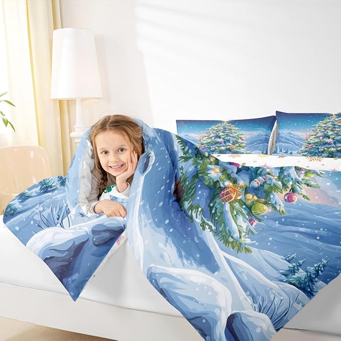 Feelyou Christmas Comforter Set Twin Size Xmas Tree Bedding Set for Kids Boys Girls Winter Snowflake Duvet Quilt Christmas Tree Ornaments Bedroom Decor Microfiber 2 Pcs with 1 Pillow Cases