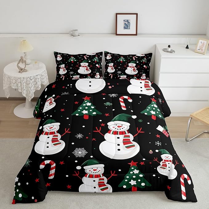 jejeloiu Kids Cute Winter Snowman Comforter Set Queen Size Christmas Theme Bedding Set for Boys Girls Teens Xmas Candy Cane Snowflake Happy New Year Duvet Quilt Room Decor
