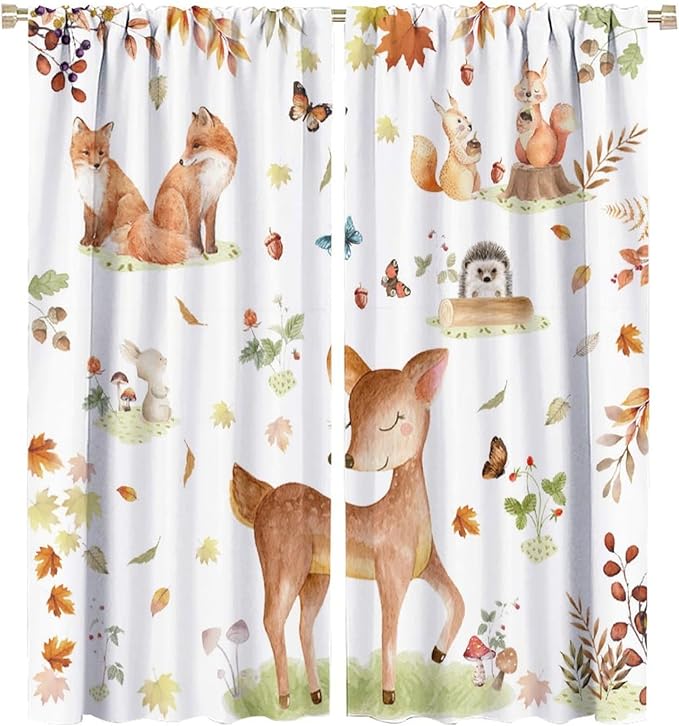 Fall Animails Curtains for Kids, Rustic Cute Woodland Wild Animal Window Treatments Watercolor Autumn Leaves Cartoon Fox Deer Window Drapes for Nursery Toddler Bedroom 63x72in