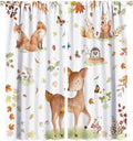 Fall Animails Curtains for Kids, Rustic Cute Woodland Wild Animal Window Treatments Watercolor Autumn Leaves Cartoon Fox Deer Window Drapes for Nursery Toddler Bedroom 52x84in