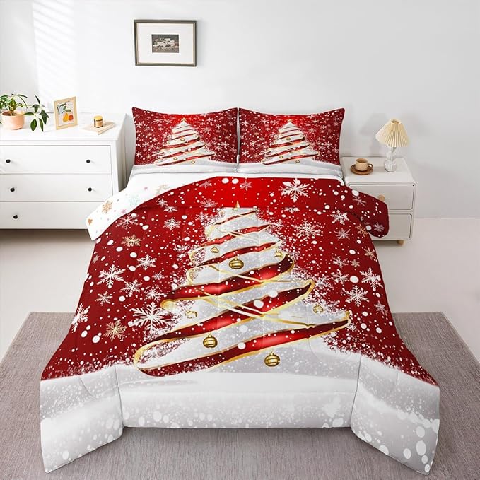 Feelyou Merry Christmas Comforter Set Queen Size Christmas Tree Bedding Set for Kids Boys Girls Snowflake Duvet Quilt Winter Bedroom Decor Microfiber 3 Pcs with 2 Pillow Cases