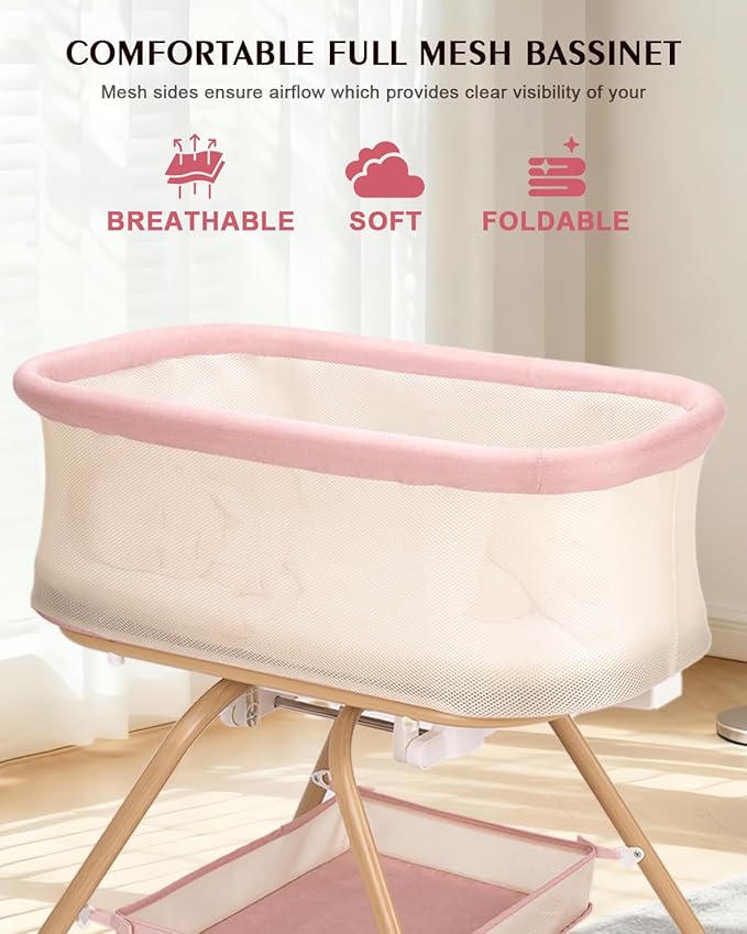 3 in 1 Baby Bassinet, Rocking Bedside Bassinet for Baby with Mesh Design & Soft Mattress, Bassinet Bedside Sleeper for Newborn Infant，Portable Nest with Storage Basket, Easy Assemble & Folding Pink