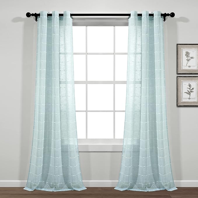 Lush Decor Farmhouse Textured Grommet Sheer Window Curtain Panel Pair, 38"W x 84"L, Blue