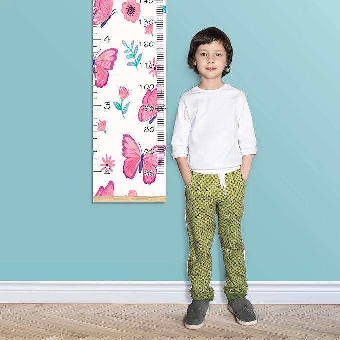 Personalized Kids Name Growth Chart Ruler for Wall Wood Frame Height Measure Chart 13.4x56 in Linen Hanging Height Growth Chart Pink Butterfly & Flower Kids Room Decor