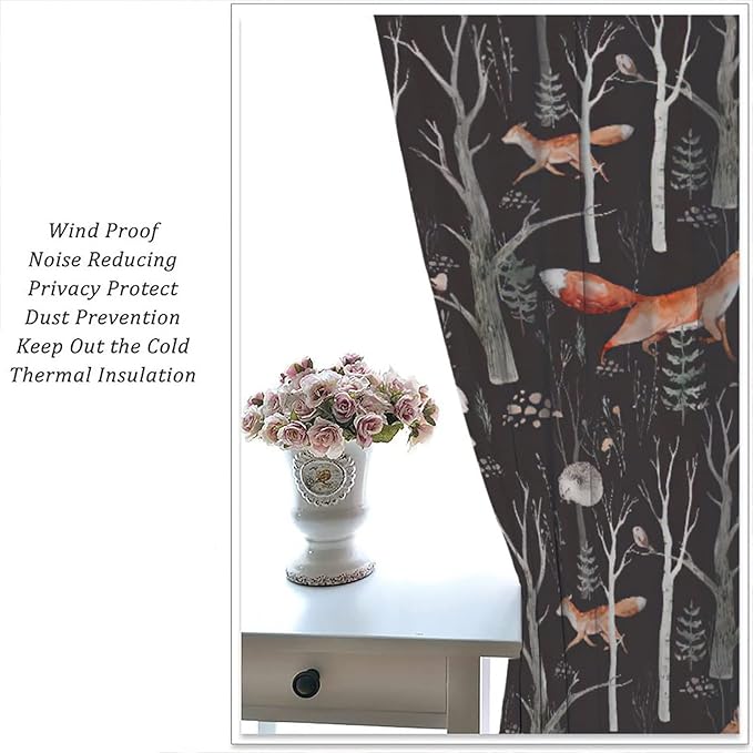 Rustic Forest Curtain, Woodland Country Hunting Animal Deer Fox Wildlife Bear Farmhouse Lodge Cabin Blackout Rod Pocket Windows Door Curtain for Bedroom Living Room Home Decor 42x54in