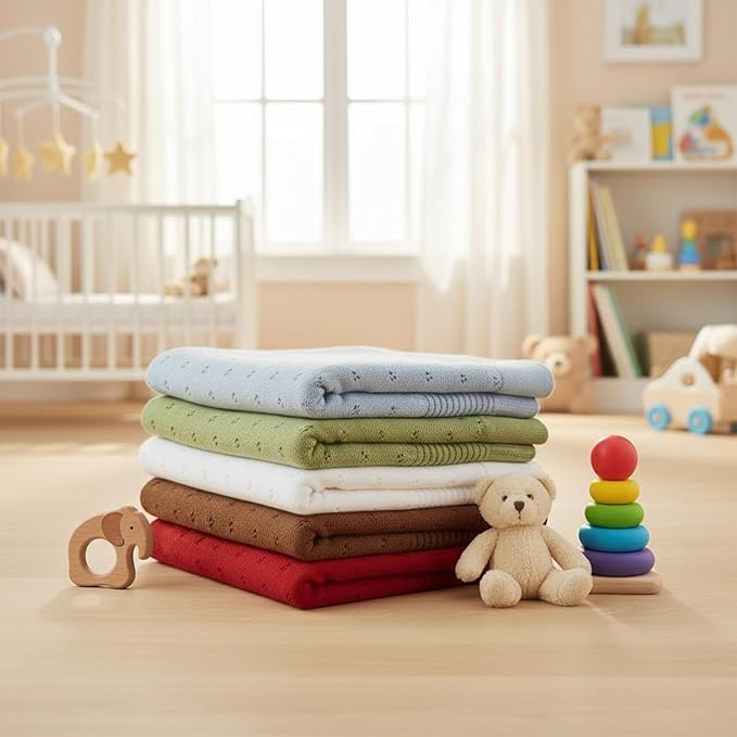 Baby Knit Blanket, 100% Cotton Eyelet Patterns, Soft, Cozy, Lightweight Swaddle for Newborn & Infant Swaddling Beige Neutral, Perfect Baby Shower Ideas White 30x30