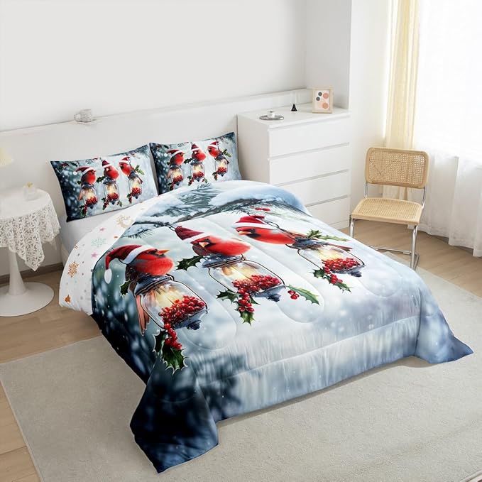 Feelyou Merry Christmas Comforter Set All Season Robin Bird Bedding Set with 1 Pillow Cases Snowflake Microfiber Kids Toddler Bedclothes Winter Bedroom Decor Duvet Quilt Breathable Soft Lightweight