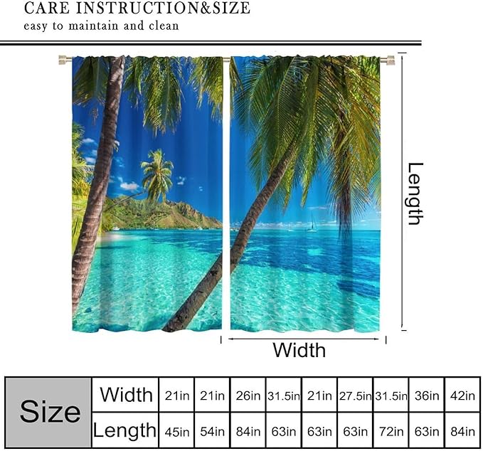 Ocean Beach Curtains,Sunshine and Beach Hawaiian Seaside Scene Pattern Blackout Print Home Bedroom Living Room Window Treatments 2 Panel Set 63x63 Inch