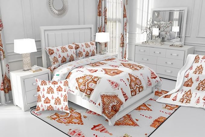 Feelyou Merry Christmas Comforter Set Toddler Size Gingerbread House Bedding Set for Kids Boys Girls Xmas Tree Duvet Quilt Candy Cane Bedroom Decor Microfiber 2 Pcs with 1 Pillow Cases