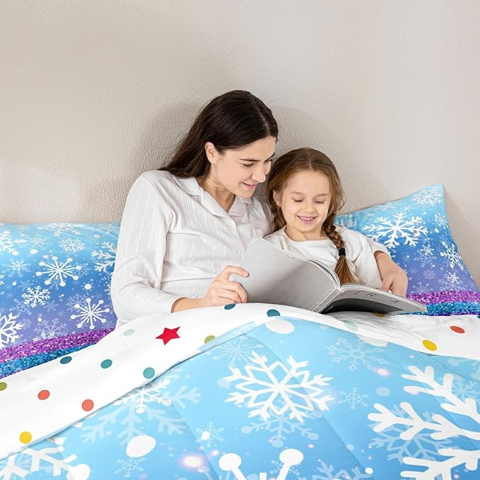 Feelyou Winter Snowflake Comforter Set All Season Glitter Print Bedding Set with 2 Pillow Cases Christmas Microfiber Kids King Bedclothes Holiday New Year Bedroom Decor Duvet Quilt Soft Lightweight