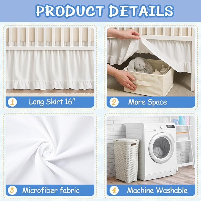 Crib Skirt Dust Ruffle 28" x 52" with 16" Drop–100% Washed Cotton Baby Bed Crib Skirt for Boys & Girls' Cribs, Durable & Fade - Resistant Nursery Bedding, Fits Standard Cribs