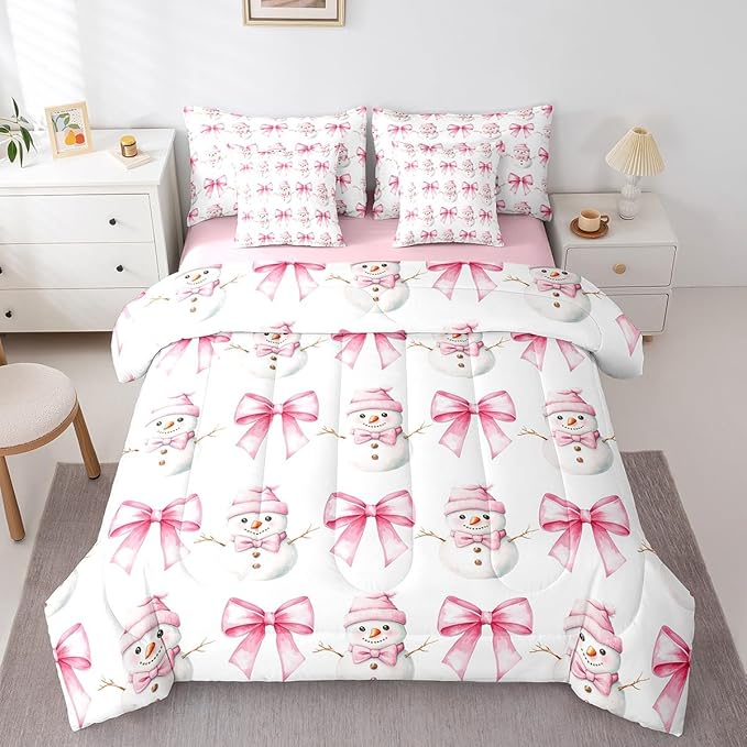 7 Pieces Cartoon Snowman Kids Comforter Full,Pink Bowknot Bow Tie Princess Toddler Bedding Set,Merry Christmas Xmas Bow New Year（Comforter+Fitted+Flat Sheet+2 Pillowcases+2 Throw Pillow Covers）