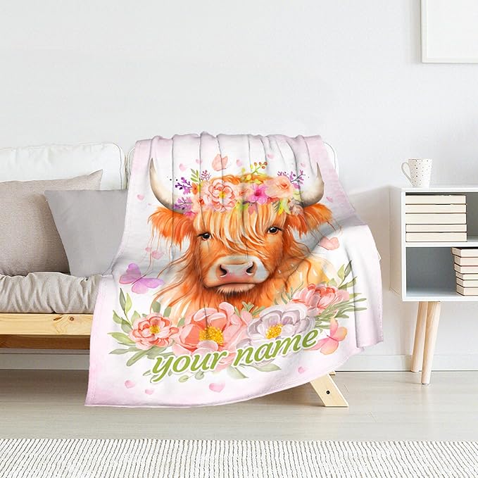 Personalized Highland Cow Gifts for Kids - 30" x 40" Inches Cute Highland Cow Throw Blanket for Girls Boys - Pink Warm Cozy Blankets for Sofa, Lap & Office