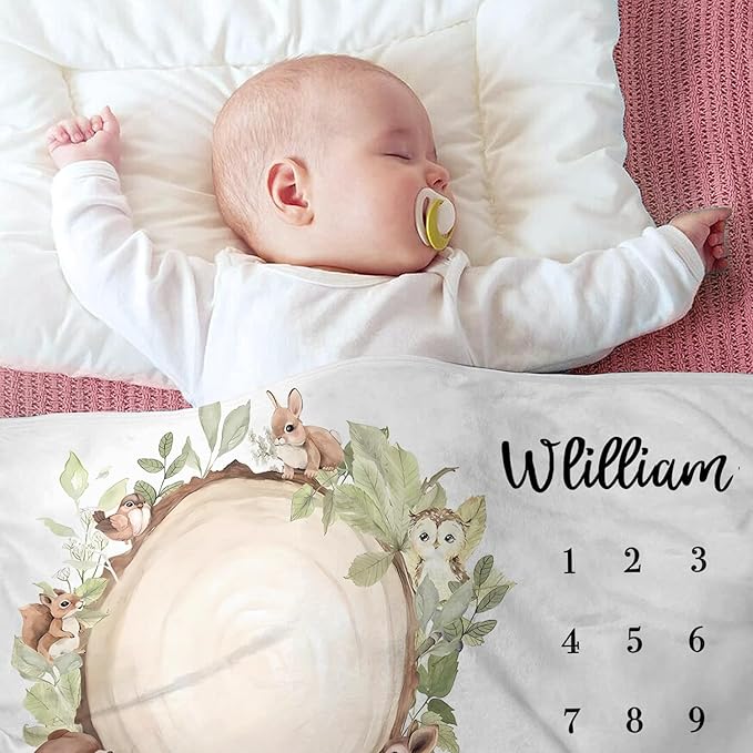 OLIVE OLIVIA Personalized Custom Baby Milestone Blanket, 60"x80", White, Flannel, Throw Blanket, Customized Name, Monthly Milestone Photos, Toddler, Deer, Animals, Warm, Unisex