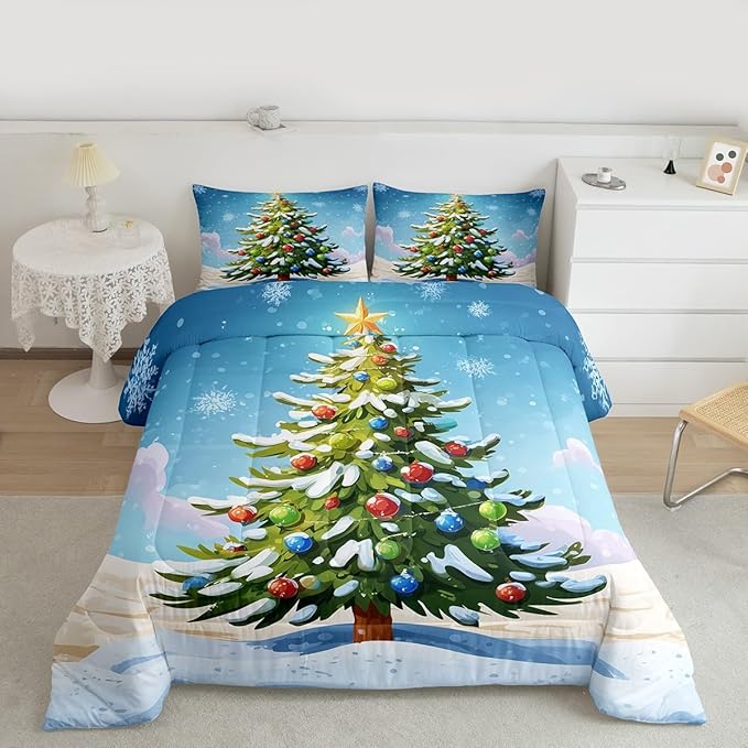 Feelyou Christmas Bedding Set Soft for Boys Girls, Xmas Tree Comforter Set Twin Size Christmas Tree Ornaments Duvet Quilt Microfiber Winter Snowflake Bedroom Decor 2 Pcs with 1 Pillow Cases
