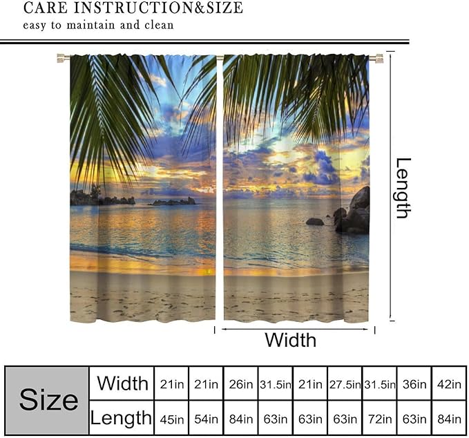 Ocean Beach Curtains,Sunset on Beach in The Evening Hawaiian Seaside Scene Pattern Blackout Print Home Bedroom Living Room Window Treatments 2 Panel Set 42x45 Inch