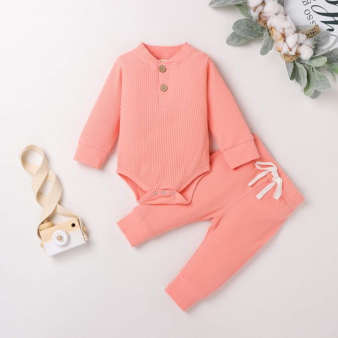 Newborn Baby Boy Girl Clothes Ribbed Knitted Cotton Long Sleeve Romper Long Pants Solid Color Fall Winter Outfits