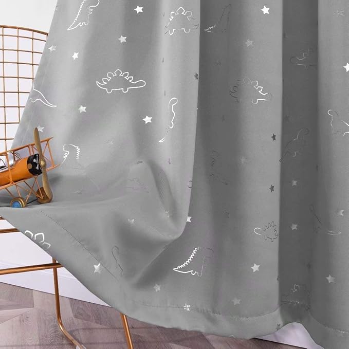 LORDTEX Dinosaur and Star Foil Print Blackout Curtains for Kids Room - Thermal Insulated Curtains Noise Reducing Window Drapes for Boys and Girls Bedroom, 52 x 84 Inch, Light Grey, Set of 2 Panels