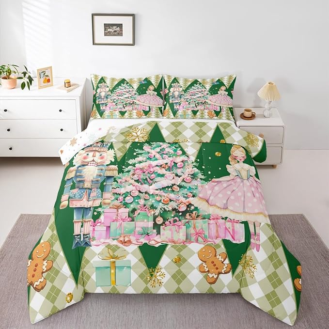 jejeloiu Christmas Nutcracker Comforter Set Queen Size Gingerbread Man Bedding Set for Kids Boys Girls Xmas Tree Duvet Quilt Green Bedroom Decor