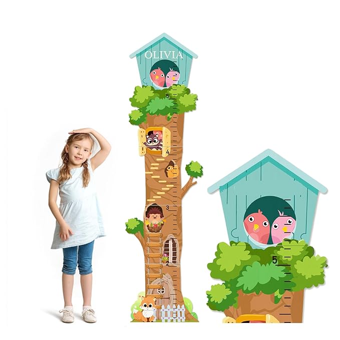 Personalized Wooden Growth Chart, Tree House Animals Height Chart for Kids Room, Wood Kids Measuring Chart, Nursery Growth Chart Ruler Measuring Board for Boys Girls