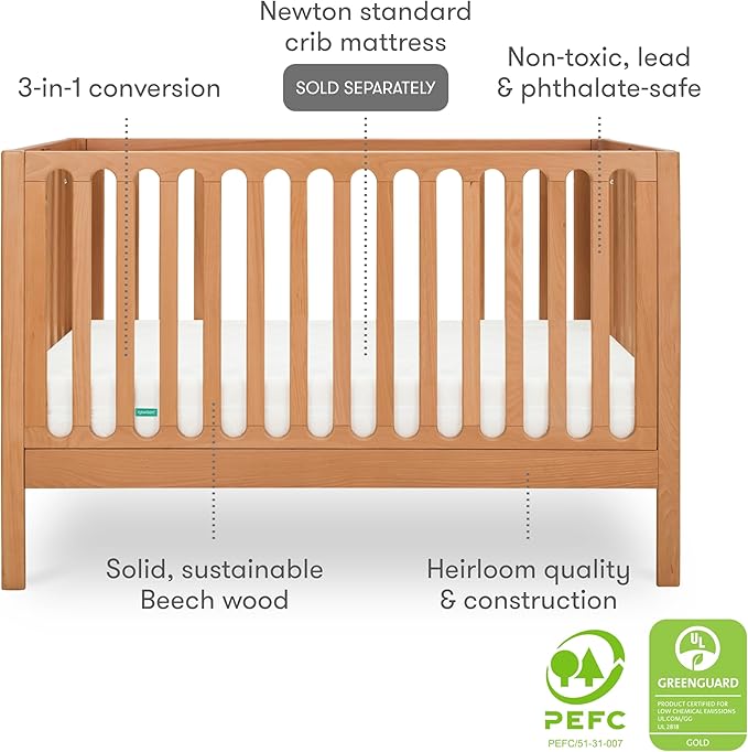 Newton Baby Galileo Standard Crib, Solid Beech Wood in Chestnut Color, 3-in-1 Convertible Crib with Toddler Bed Conversion Kit, Baby-Safe Finish