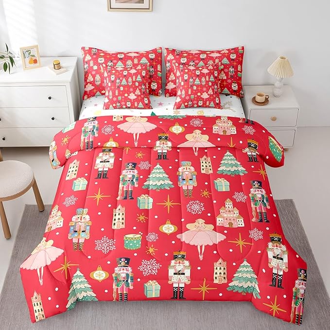 Erosebridal 7Pcs Red Christmas Comforter Set Full Size,Christmas Nutcracker Bedding Set,Girly Dreamy Princess Bed in A Bag,Xmas Pine Tree Snowflake Quilt with Flat Fitted Sheet,Red