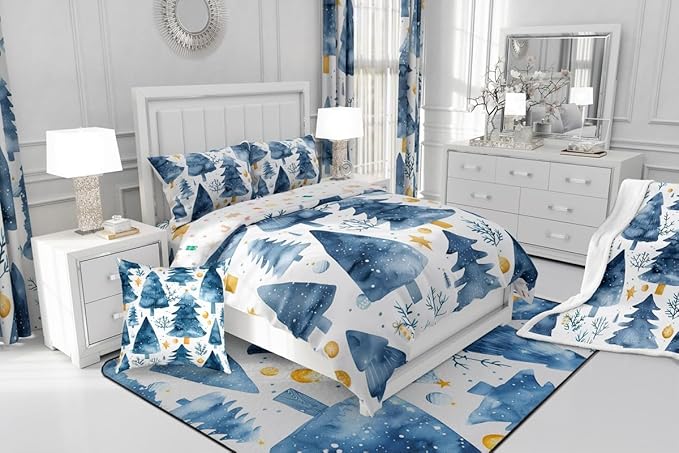 Feelyou Christmas Comforter Set All Season Xmas Tree Bedding Set with 2 Pillow Cases Watercolor Blue Microfiber Kids Queen Bedclothes Snowflake Bedroom Decor Duvet Quilt Breathable Soft Lightweight