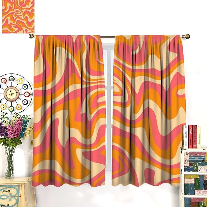 Abstract Wavy Swirl Curtains,60s 70s Groovy Aesthetic Retro Boho Orange Pink Abstract Curtains for Girls Bedroom Living Room Window 42"" W X 63"" L, Style-2