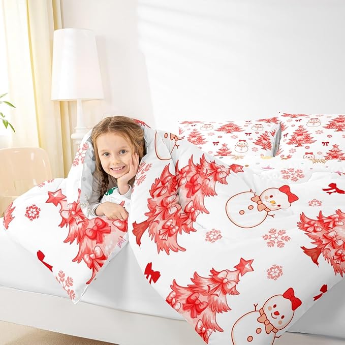 Feelyou Merry Christmas Comforter Set Twin Size Cute Snowman Bedding Set for Kids Boys Girls Cartoon Bowknot Duvet Quilt Christmas Tree Microfiber 2 Pcs with 1 Pillow Cases