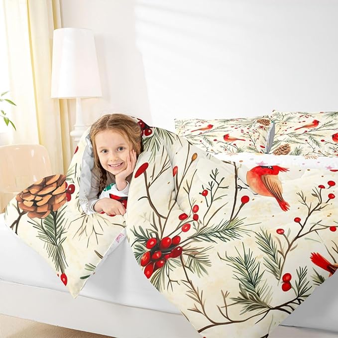 Feelyou Cardinal Bird Kids Comforter Set King Size Pine Branch Bedding Set Red Berry Duvet Quilt for Kids Boys Girls Bedroom Pine Cone Decor Winter Christmas Pattern Microfiber Ultra Soft Breathable