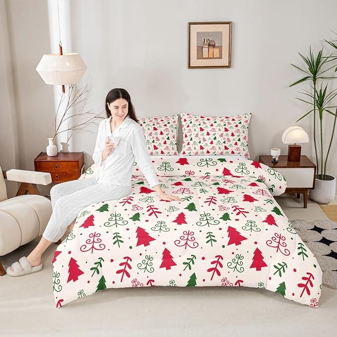 Castle Fairy Christmas Trees Comforter Set Twin Size,Red Green Pine Plant Hand Sketch Bedding Set for Kids Boys Men,Winter Xmas Natural Botanical Quilted Duvet Set with 1 Pillowcase