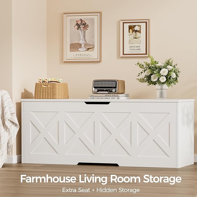 47.2" Extra-Large Wooden Storage Chest – Farmhouse Toy Box, Entryway Bench, Bedroom Storage, Safety Hinge, Easy Assembly, White