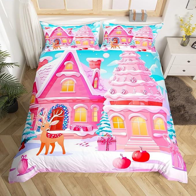 Feelyou Christmas Pink Comforter Cover Set Cute Deer Print Bedding Set Twin Size for Kids Boys Girls Bedroom Bed Decor Xmas Christmas Duvet Cover Soft Bedspread Cover,No Comforter