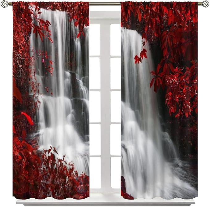 Red Forest Waterfall Blackout Windows Curtains, Waterfall Red Forest Black and Red Natural Landscape Print Window, for Living Room Bedroom 42x63in 2 Panels