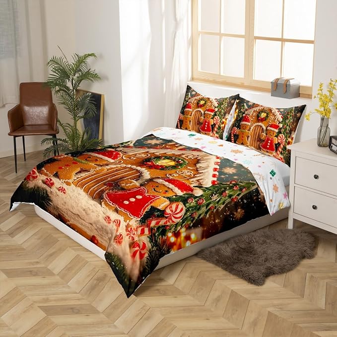 Feelyou Cute Gingerbread Man Duvet Cover Toddler Size Cartoon Christmas Bedding Set for Boys Girls New Year Holiday Comforter Cover Reversible Xmas Decor Bedroom Decor 2Pcs