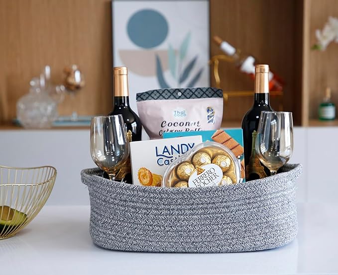 Woven Cotton Rope Storage Basket, Cube Changing Table Organizer for Closet Towels, Baby Nursery Bin, Small Dog Cat Toy Box, Gift Baskets empty (14.5"x 11"x 5") by CIKI HOME
