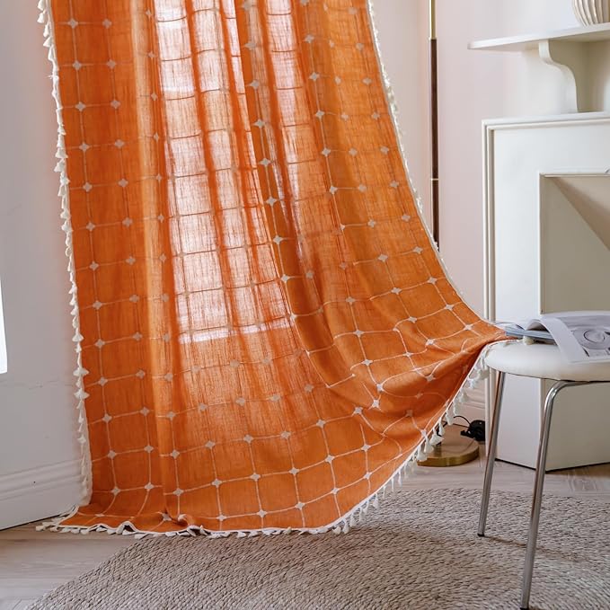 Deeprove Boho Curtains 72 Inches Long for Laundry Room Bathroom, Linen Plaids Embroidery Semi Blackout Bohemian Farmhouse Window Treatment Grids Drape Tassels, 1 Panel W52 x L72 Burnt Orange
