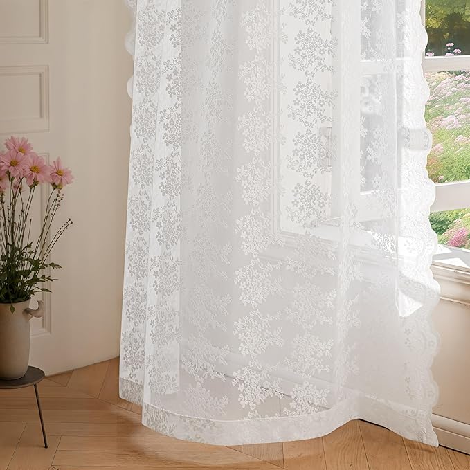 Anmao Vintage Lace Curtains 120 Inches Long 2 Panels Set, Romantic Elegant Light Filtering Semi Sheer Floral Thick Lacy Curtain Drapes for Living Room and Bedroom, Each Panel 55W x 120L, Bright White
