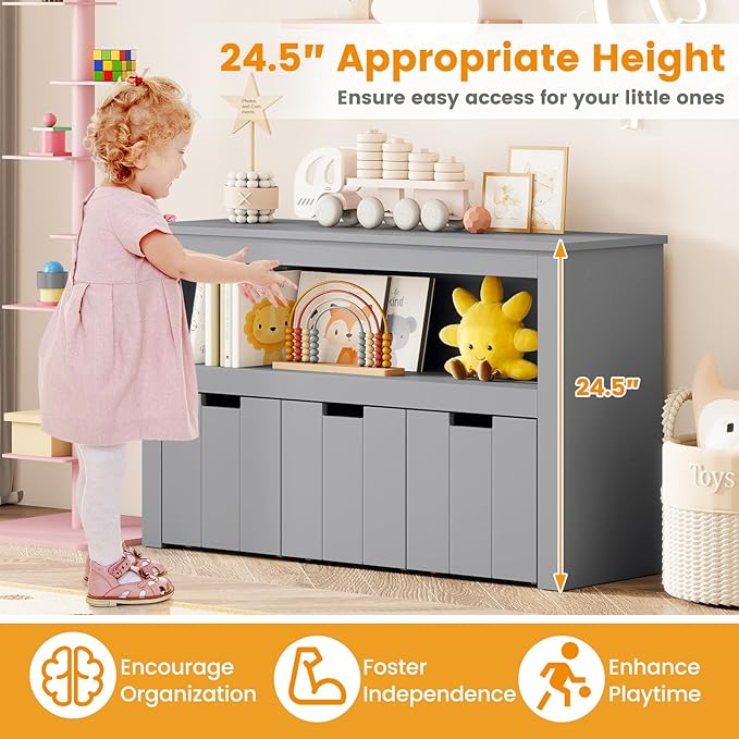 HONEY JOY Kids Toy Storage Organizer, Children Daycare Shelf, 3 Wooden Toy Box w/Wheels, Toddler Classroom Display Cabinet for Playroom, Nursery, Kindergarten (Gray)