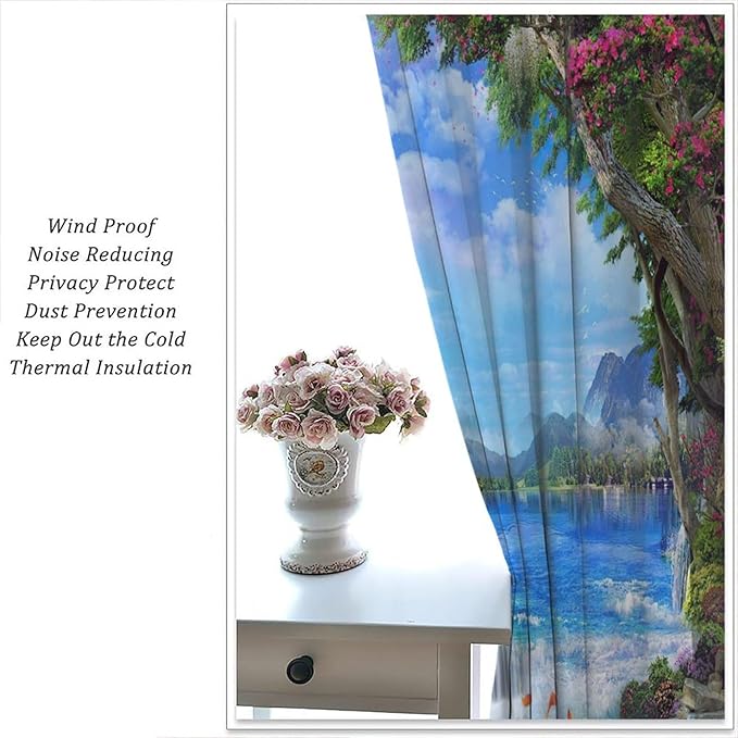 Spring Jungle Waterfall Blackout Window Curtains, Tropical Rainforest Floral Tree Waterfall Landscape Print Window Drapes, for Living Room Bedroom 63x63in 2 Panels