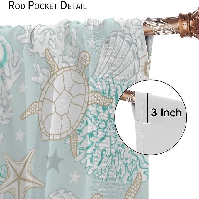 Nautical Curtains,Seagorses Coral Starfish Reef Seashell Beach Sea Seashell Pattern Blackout Print Home Bedroom Living Room Window Treatmen 2 Panel Set 63x63 Inch